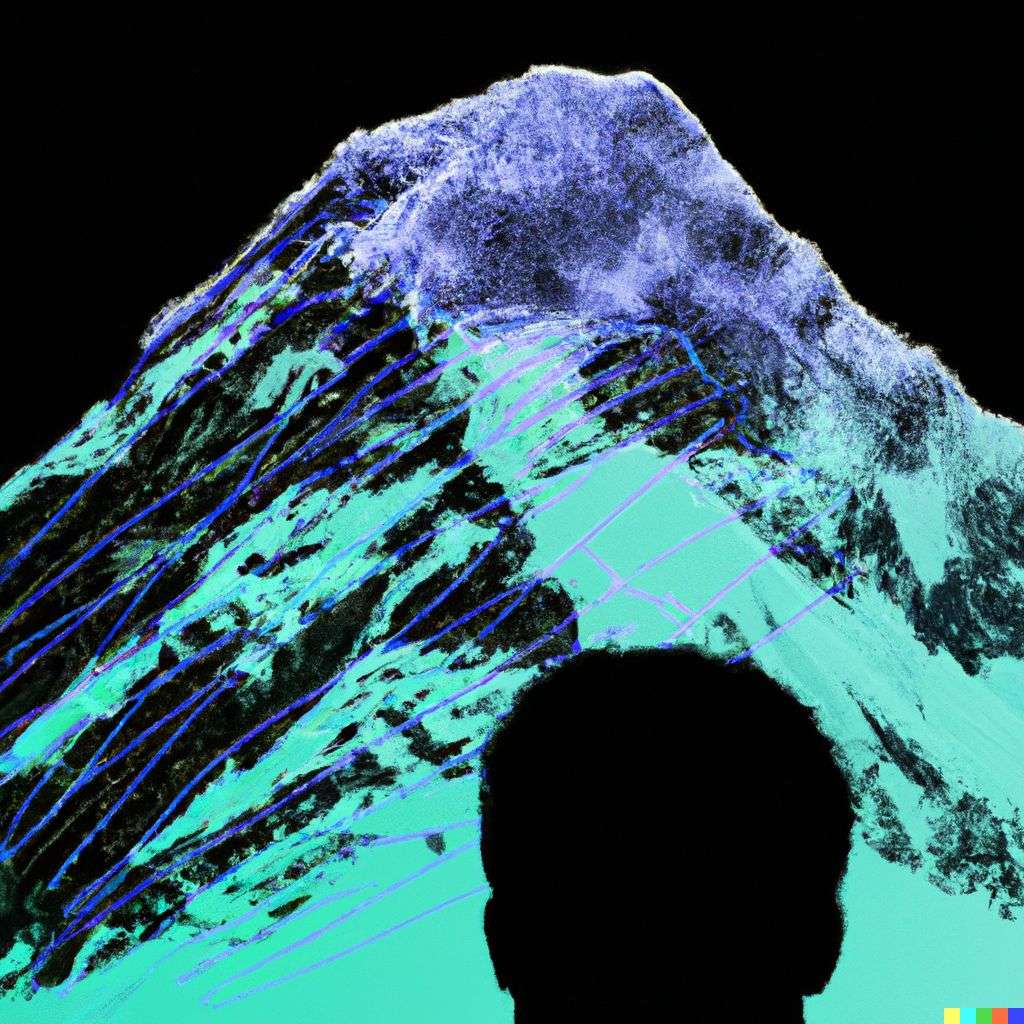 a detailed image of someone gazing at Mount Everest, created by using Fourier series
